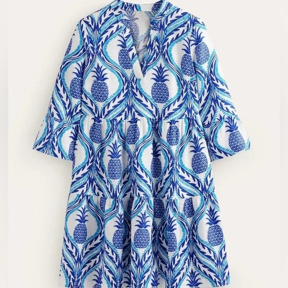 Boden dress NWT 4 Sophia Linen Short Dress Blue Pineapple Print online $235 - Picture 7 of 10